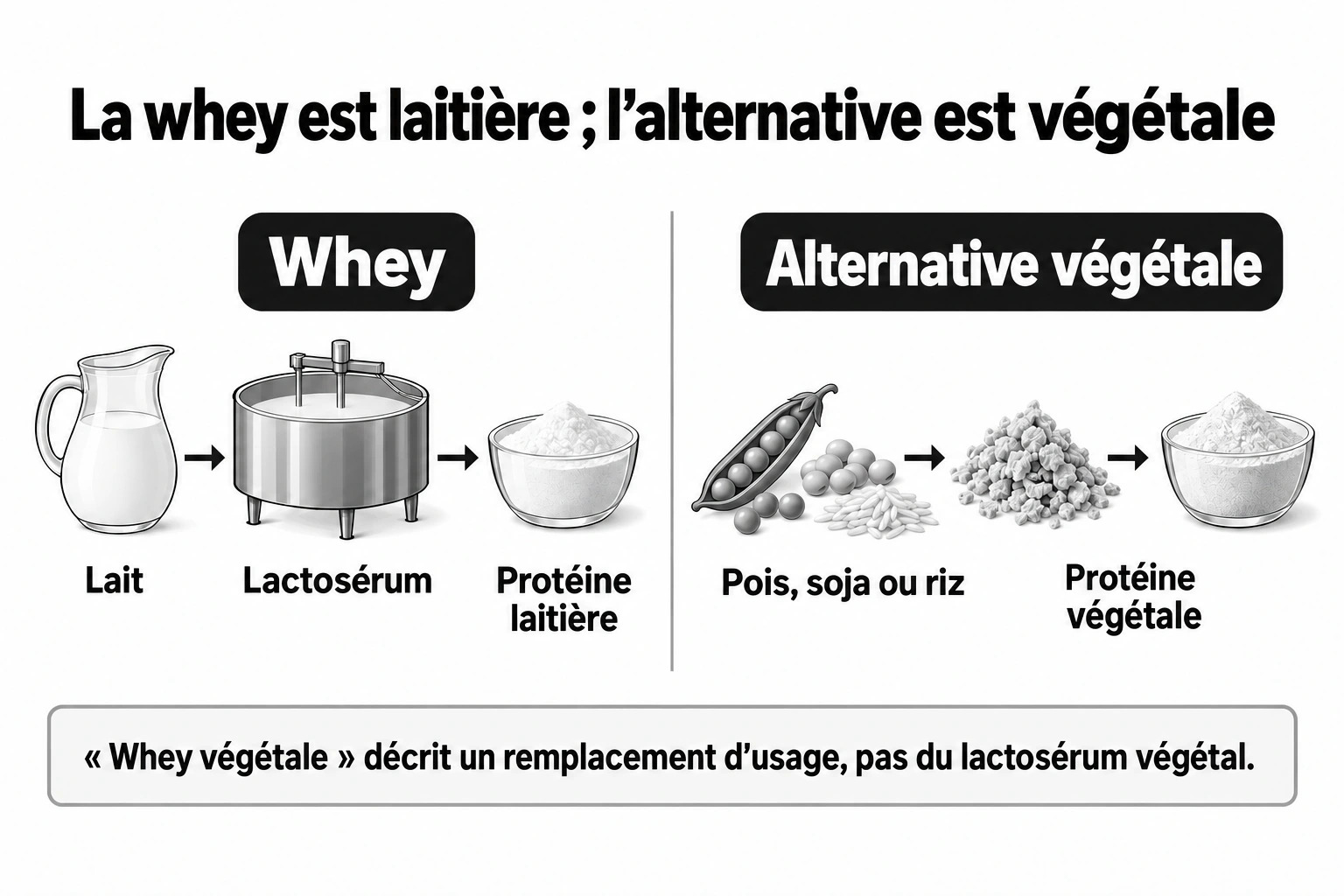 Deux filières distinctes : whey provenant du lait et protéines végétales provenant de plantes.